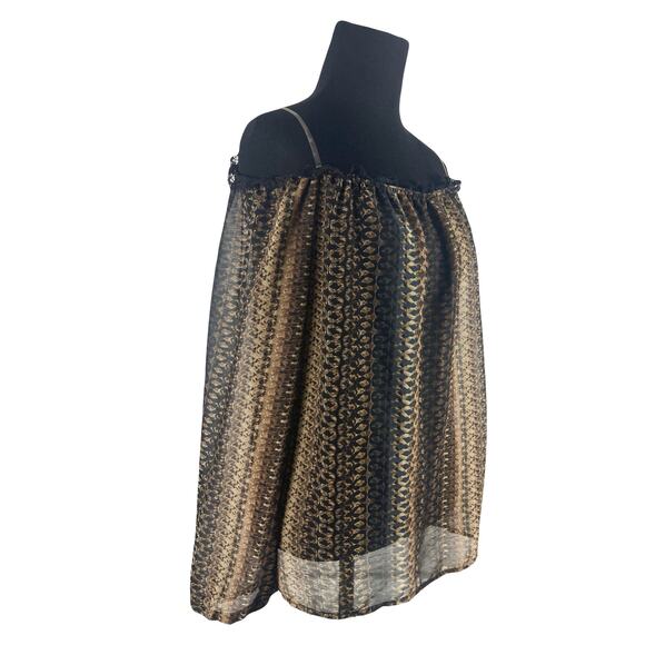 NWOT ALBERTO MAKALI Top XS Brown Abstract Chiffon Off-Shoulder Balloon-Long-Slev - Picture 1 of 6